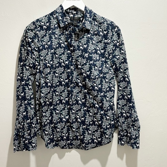 J CREW Women’s Navy Blue WOODLAND DEER Long Sleeve Popover Top Collared Size 2 - Picture 2 of 8